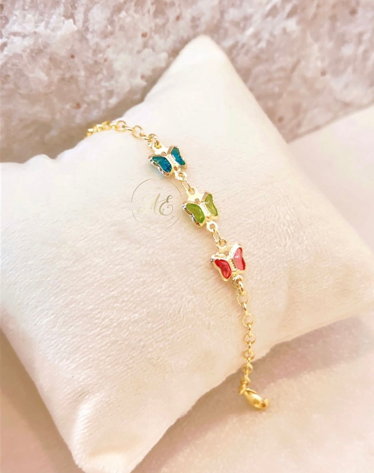 Pulseira Borboletas Coloridas com Corrente Elo Português